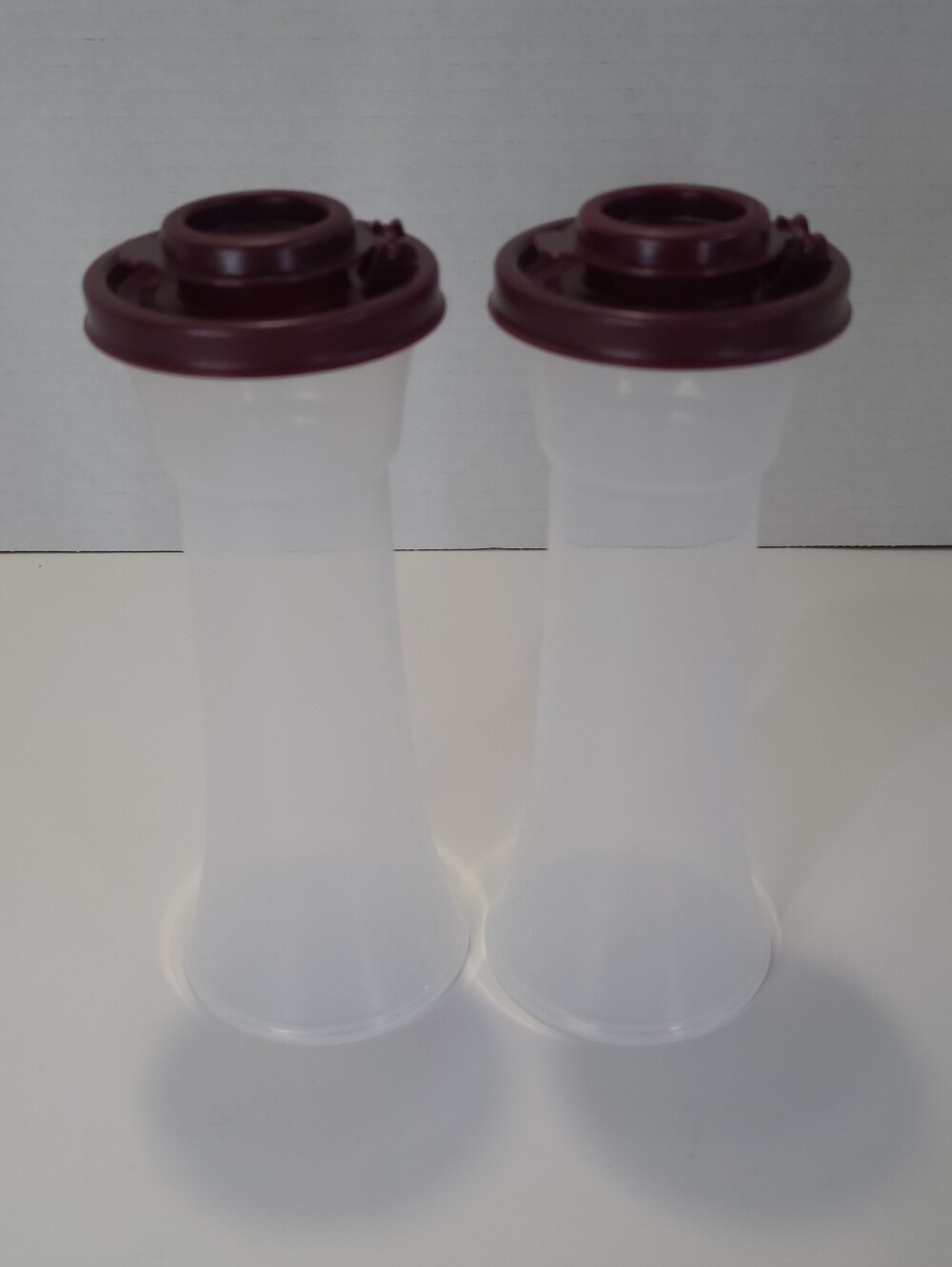 Tupperware Large Hourglass Salt and Pepper Shakers Burgundy EUC